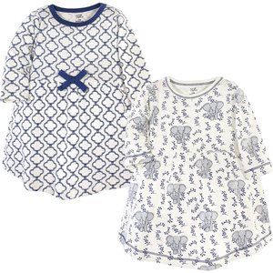 Touched by Nature Baby Long Sleeve Organic Cotton Dress 2-Pack, Blue Elephant